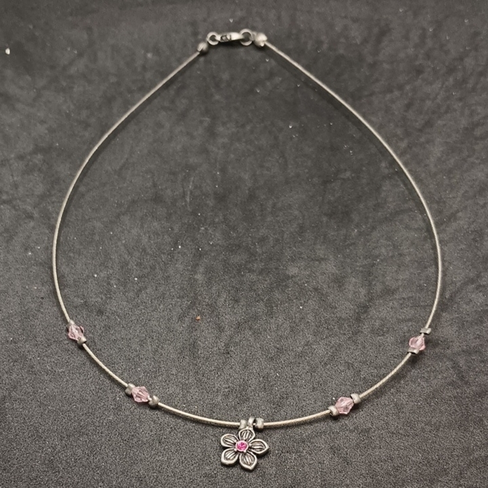 Silver and Pink Flower Pendant Necklace